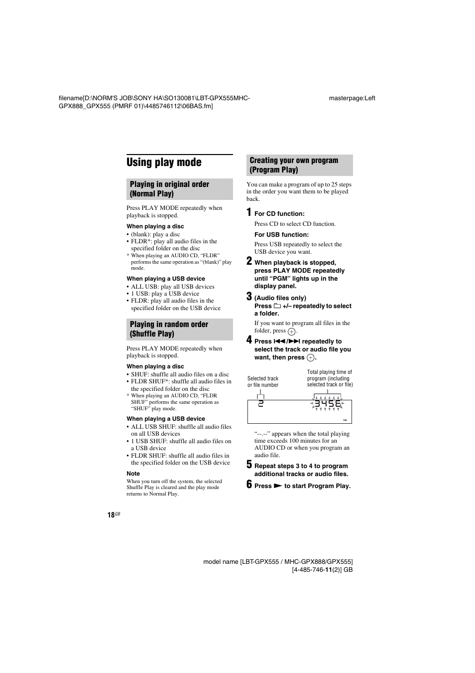 Using play mode | Sony LBT-GPX555 User Manual | Page 18 / 48