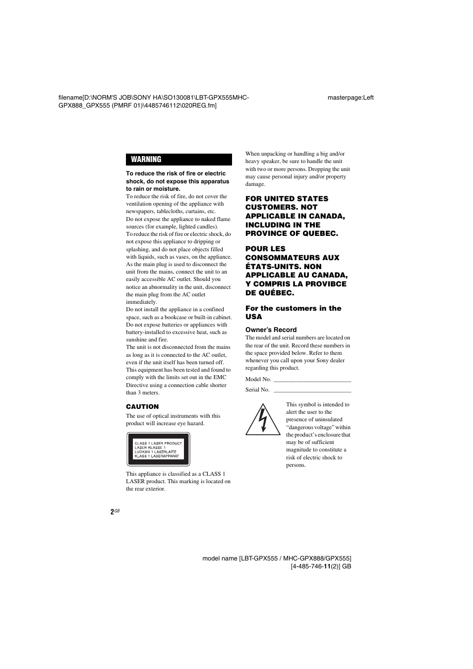 Sony LBT-GPX555 User Manual | Page 2 / 48