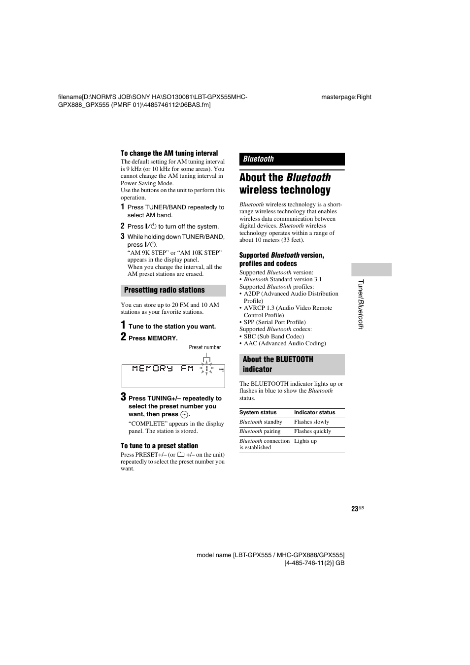 Bluetooth, About the bluetooth wireless technology | Sony LBT-GPX555 User Manual | Page 23 / 48