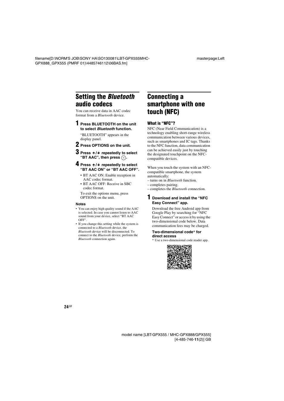 Setting the bluetooth audio codecs, Connecting a smartphone with one touch (nfc) | Sony LBT-GPX555 User Manual | Page 24 / 48