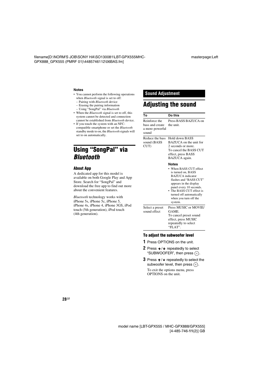 Using “songpal” via bluetooth, Sound adjustment, Adjusting the sound | Sony LBT-GPX555 User Manual | Page 28 / 48