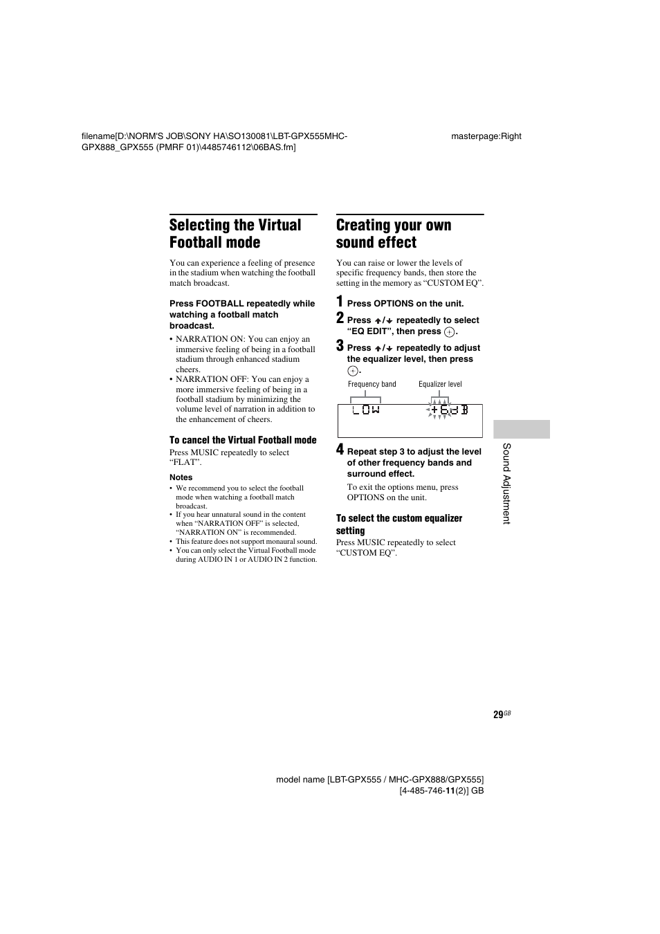 Selecting the virtual football mode, Creating your own sound effect | Sony LBT-GPX555 User Manual | Page 29 / 48