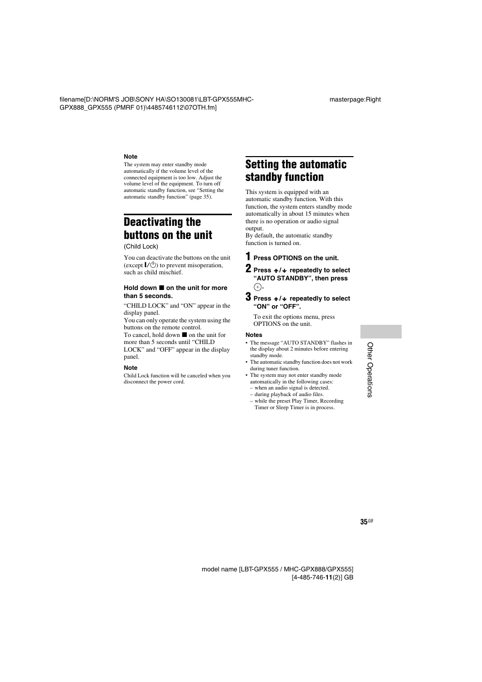 Deactivating the buttons on the unit (child lock), Setting the automatic standby function, Deactivating the buttons on the unit | Sony LBT-GPX555 User Manual | Page 35 / 48