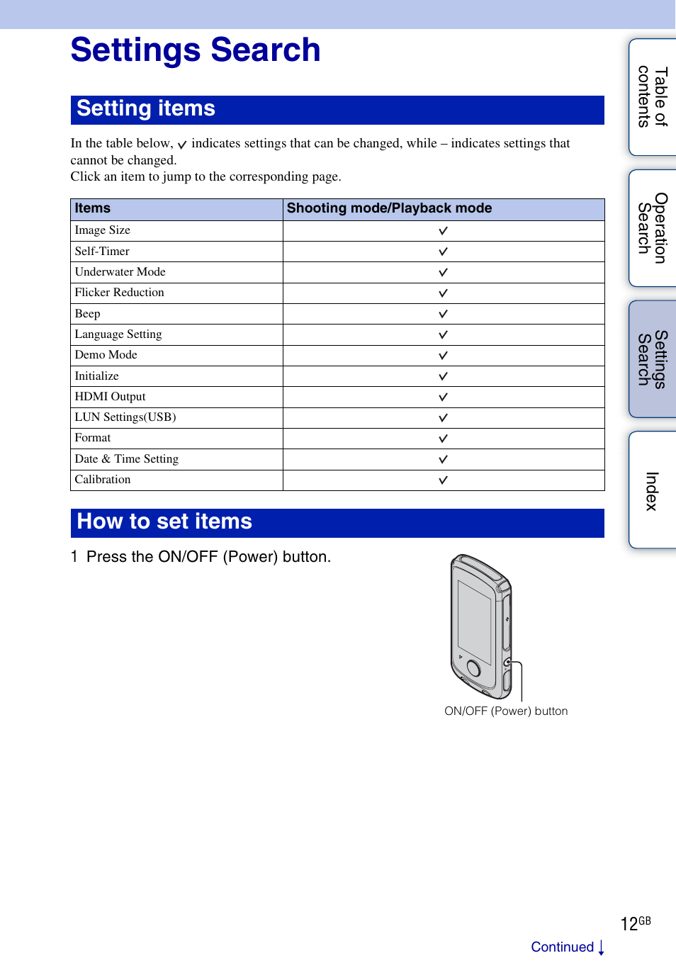 Settings search, Ttin g, Se ar | Setting items, How to set items | Sony bloggie MHS-TS22 User Manual | Page 12 / 70