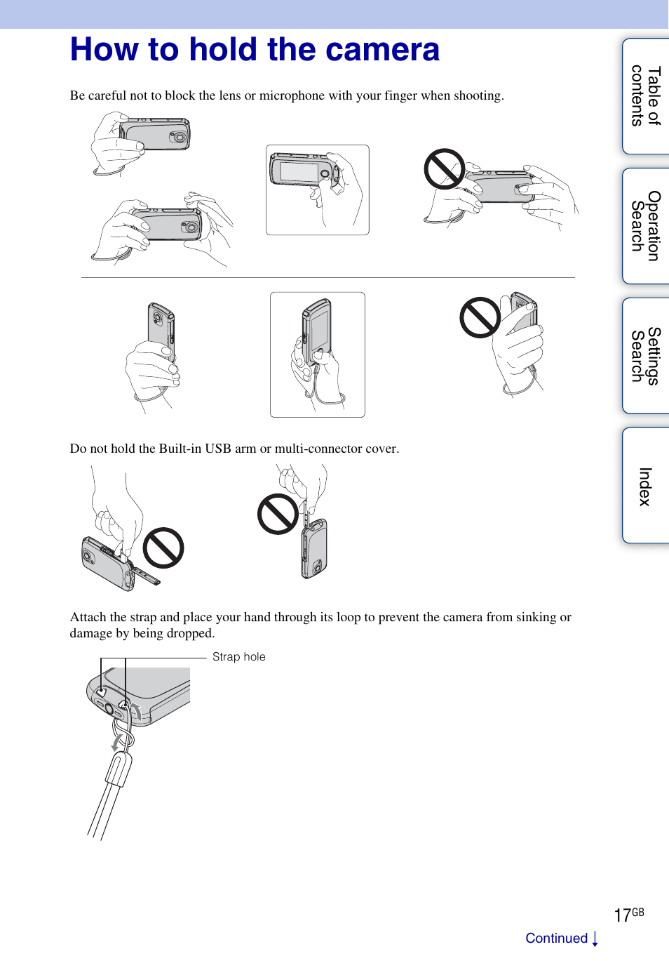 How to hold the camera | Sony bloggie MHS-TS22 User Manual | Page 17 / 70