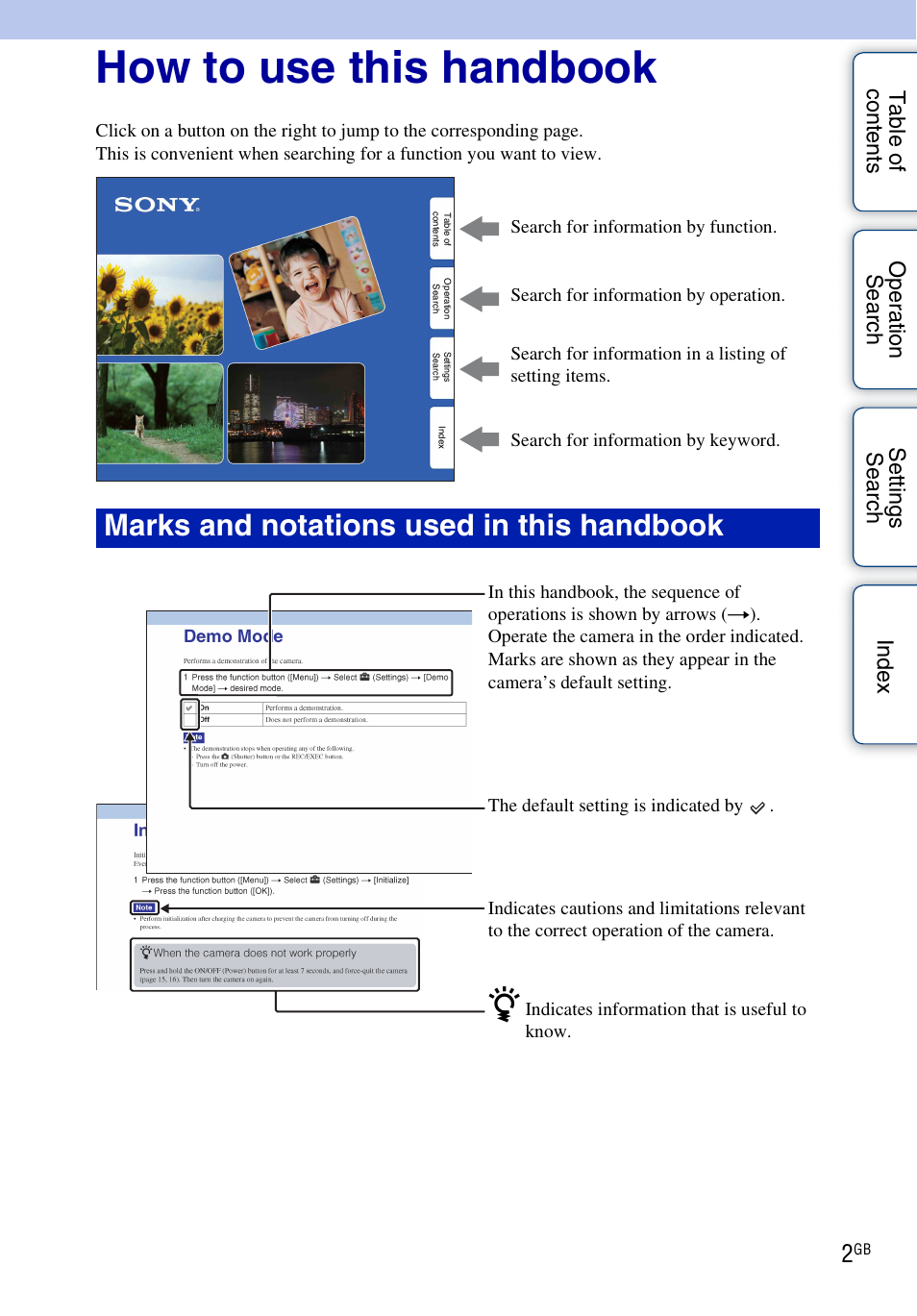 How to use this handbook, Marks and notations used in this handbook | Sony bloggie MHS-TS22 User Manual | Page 2 / 70