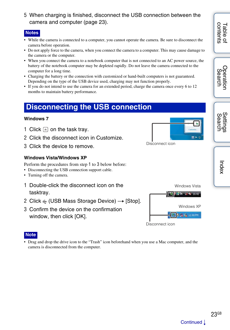 Disconnecting the usb connection | Sony bloggie MHS-TS22 User Manual | Page 23 / 70