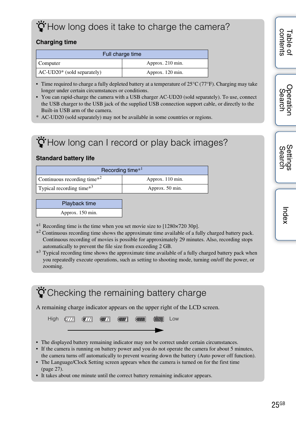 How long does it take to charge the camera, How long can i record or play back images, Checking the remaining battery charge | Sony bloggie MHS-TS22 User Manual | Page 25 / 70