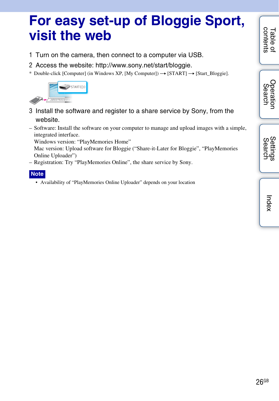 For easy set-up of bloggie sport, visit the web | Sony bloggie MHS-TS22 User Manual | Page 26 / 70