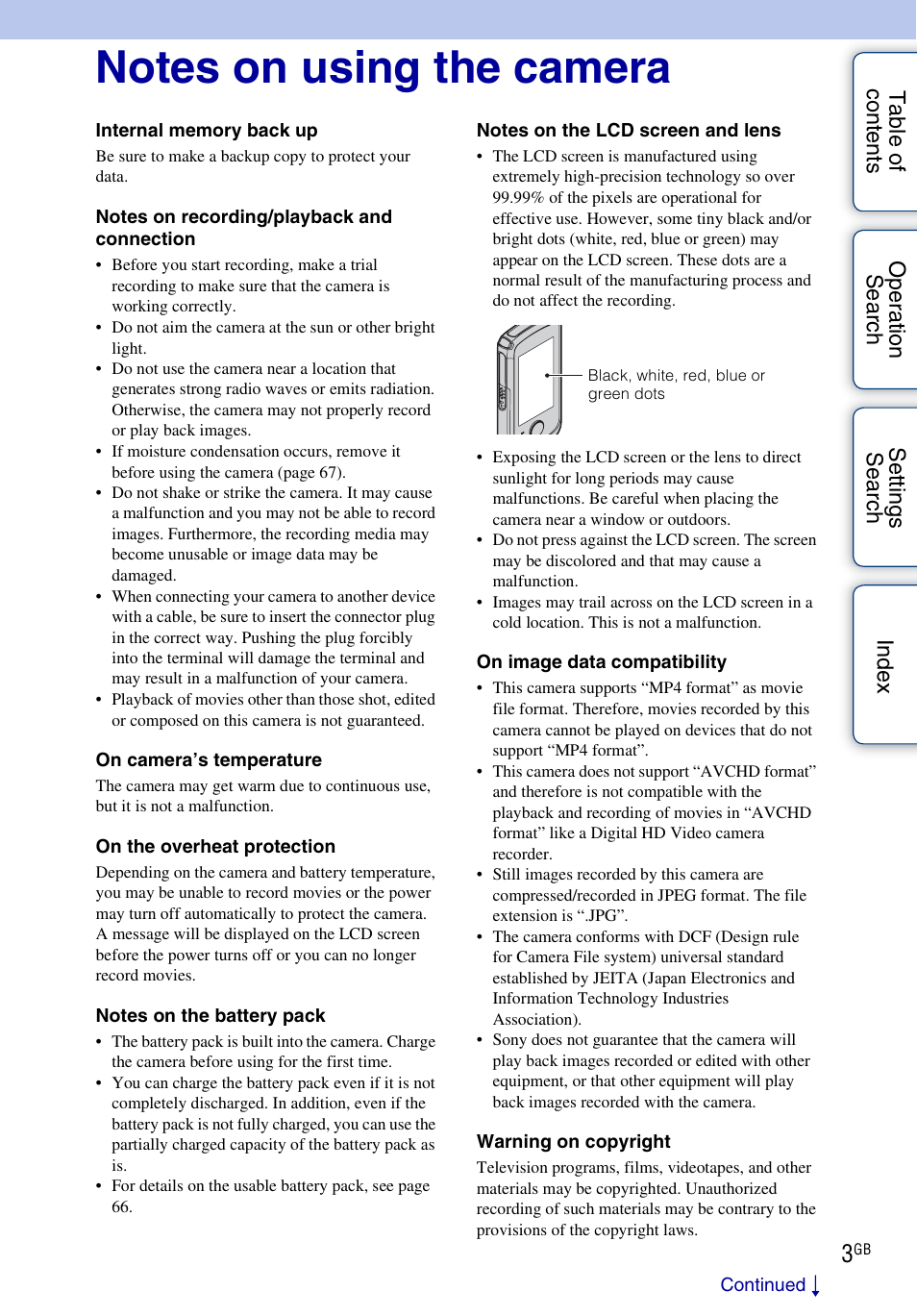 Notes on using the camera | Sony bloggie MHS-TS22 User Manual | Page 3 / 70