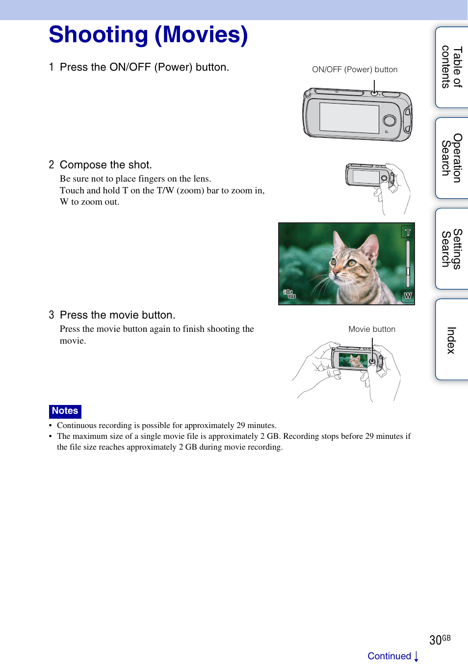 Shooting (movies) | Sony bloggie MHS-TS22 User Manual | Page 30 / 70