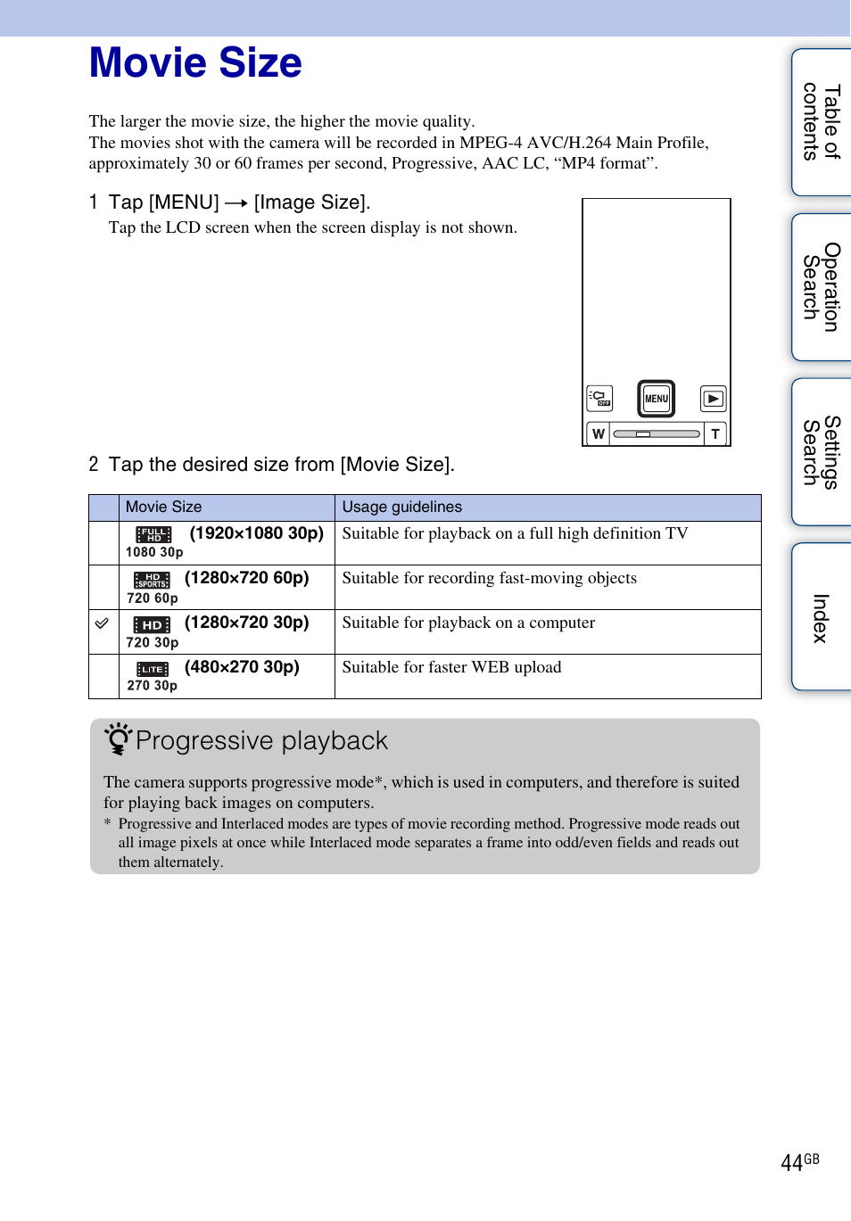 Movie size, Progressive playback | Sony bloggie MHS-TS22 User Manual | Page 44 / 70