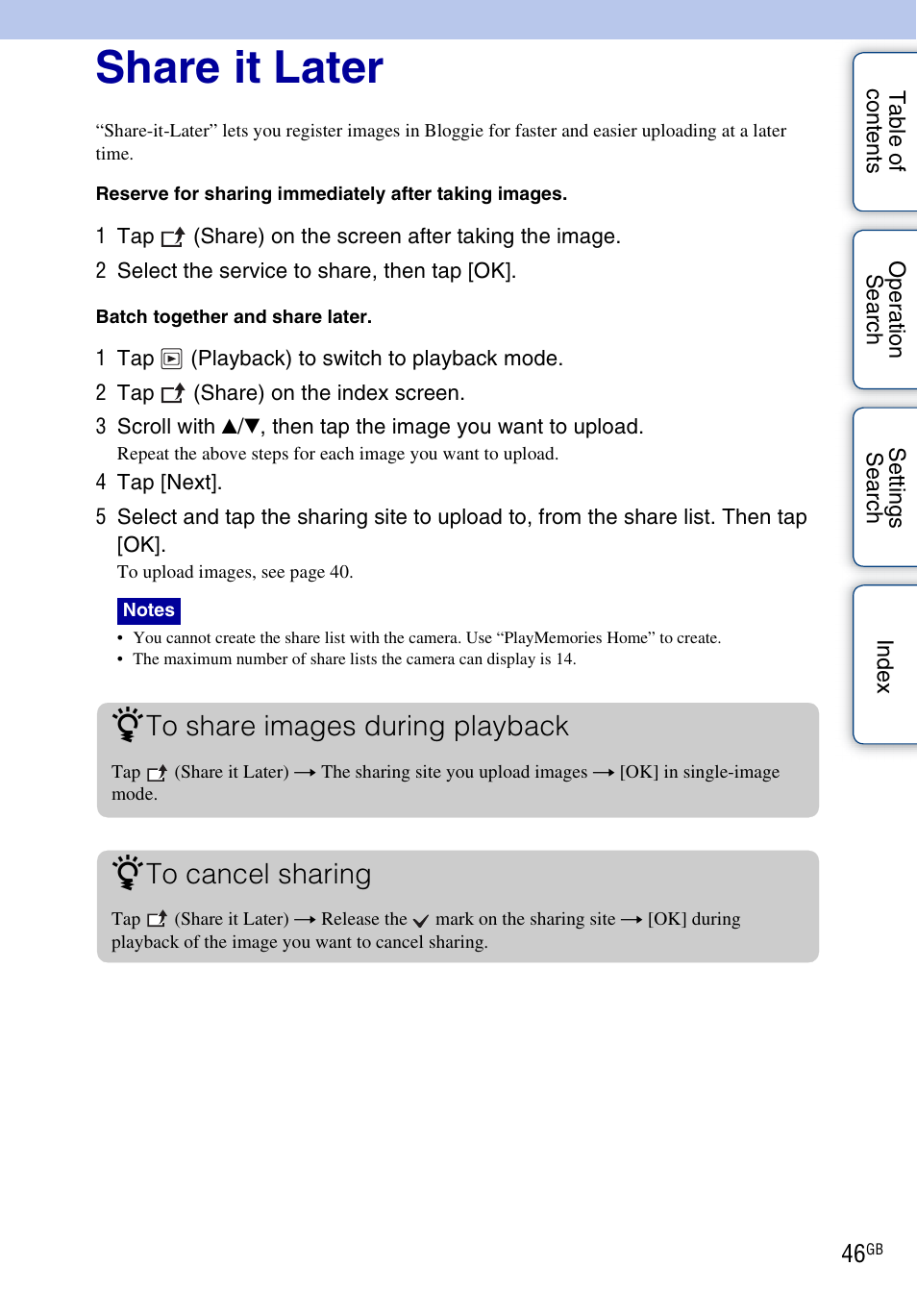 Share it later | Sony bloggie MHS-TS22 User Manual | Page 46 / 70