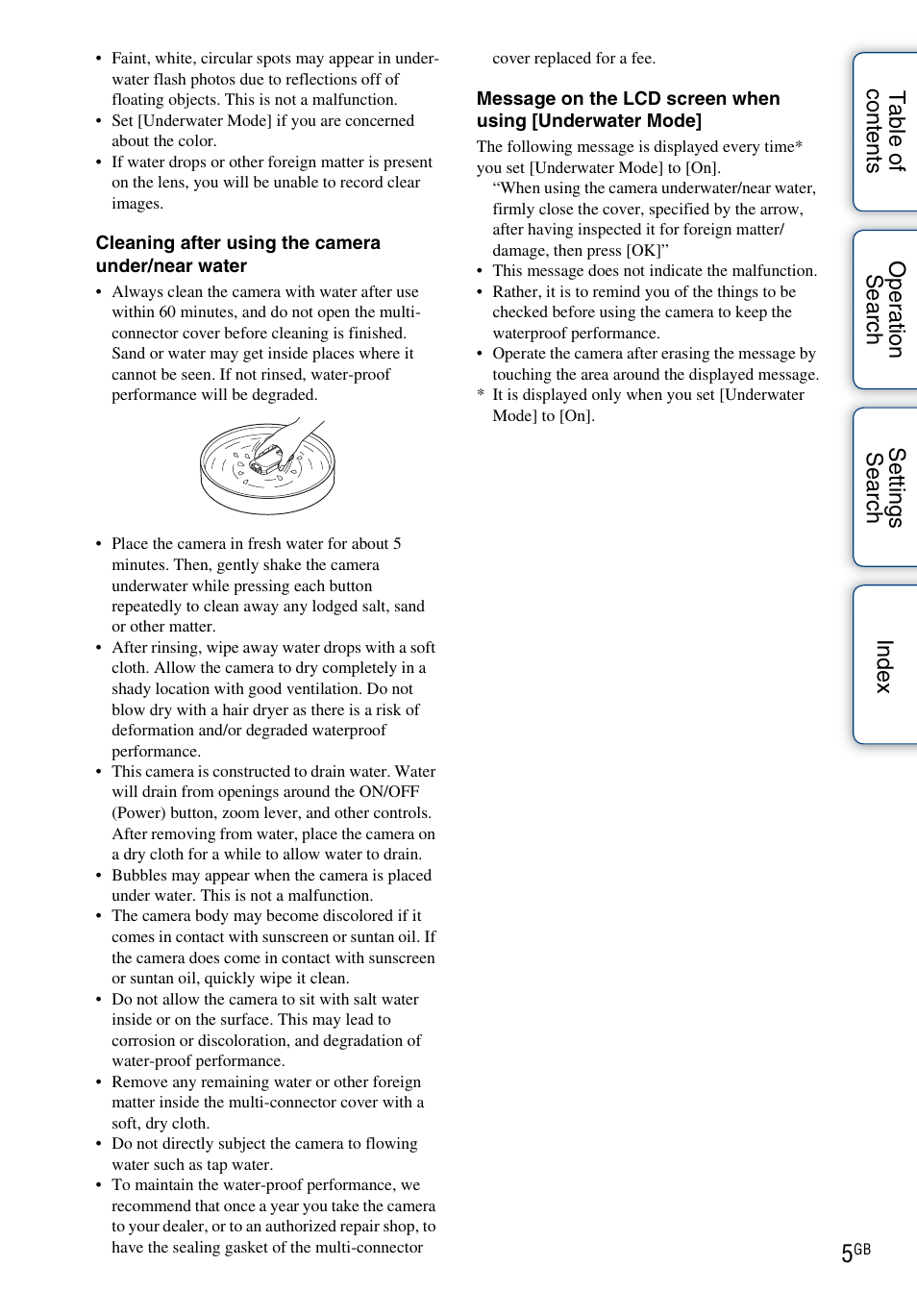Cleaning after using the camera under/near water | Sony bloggie MHS-TS22 User Manual | Page 5 / 70