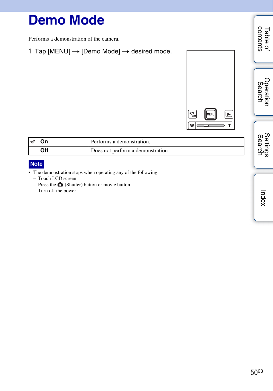 Demo mode | Sony bloggie MHS-TS22 User Manual | Page 50 / 70