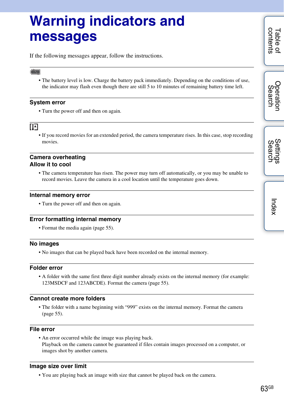 Warning indicators and messages | Sony bloggie MHS-TS22 User Manual | Page 63 / 70