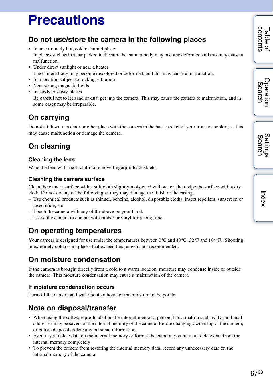 Precautions, 67) be, On carrying | On cleaning, On operating temperatures, On moisture condensation | Sony bloggie MHS-TS22 User Manual | Page 67 / 70