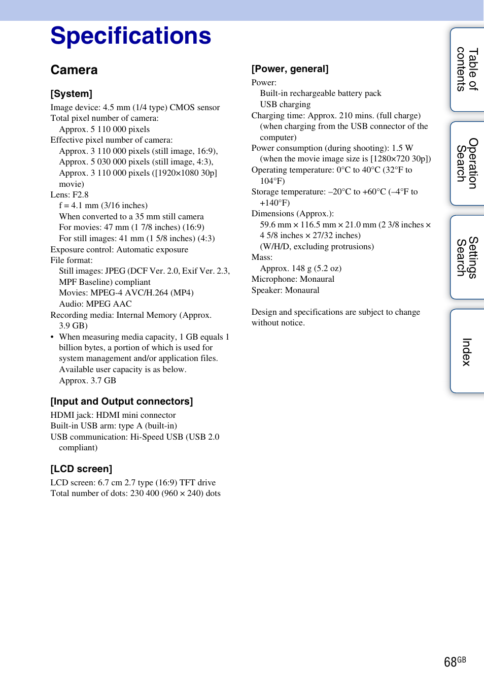 Specifications, Camera | Sony bloggie MHS-TS22 User Manual | Page 68 / 70