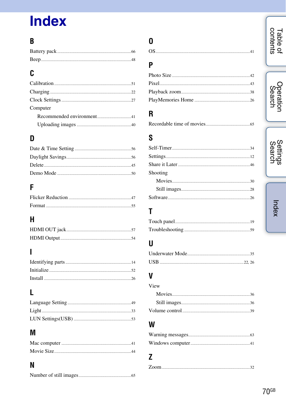 Index | Sony bloggie MHS-TS22 User Manual | Page 70 / 70