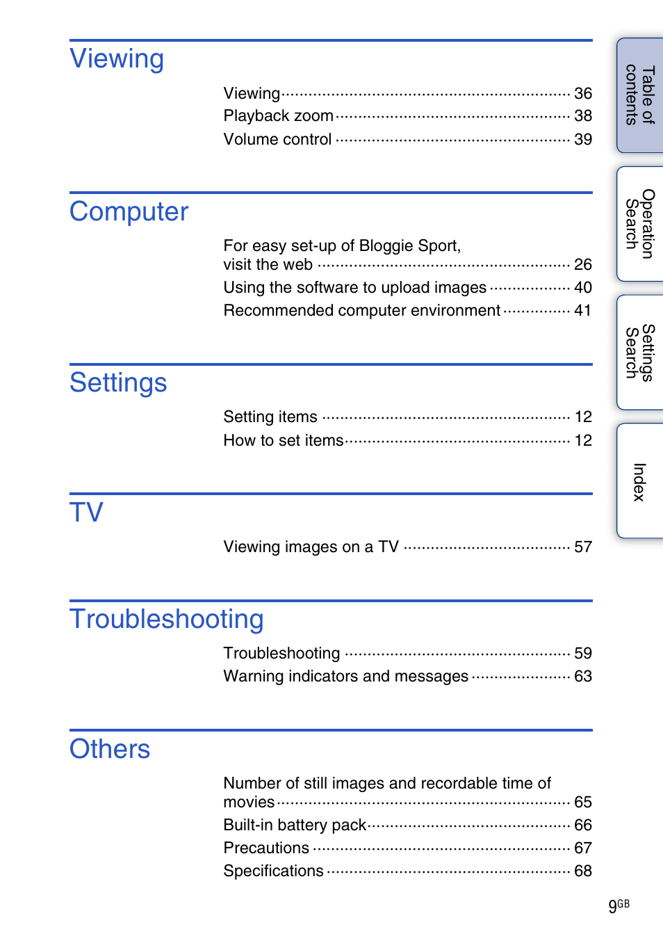 Viewing, Computer, Settings | Troubleshooting, Others | Sony bloggie MHS-TS22 User Manual | Page 9 / 70