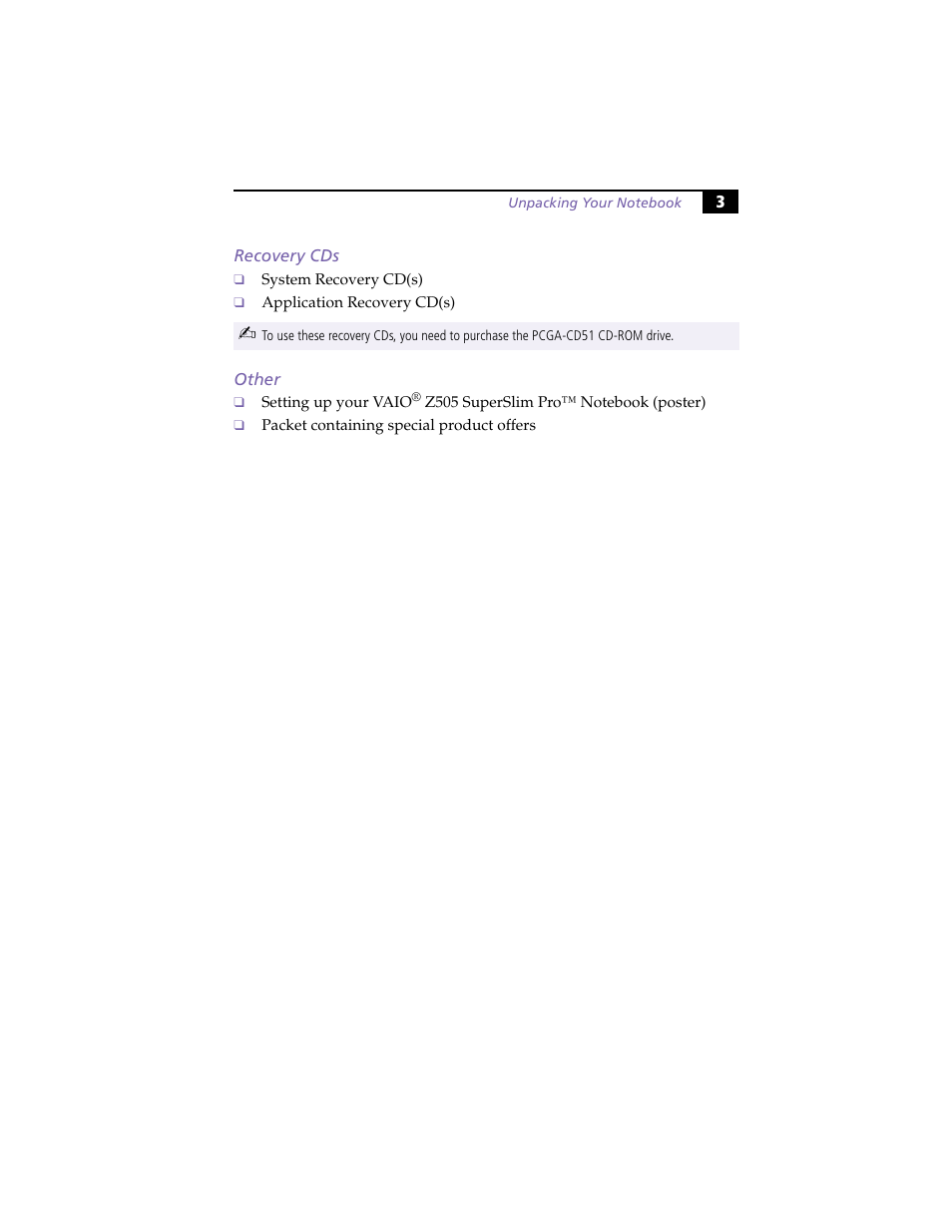 Recovery cds, Other, Recovery cds other | Sony PCG-Z505HSK User Manual | Page 13 / 78