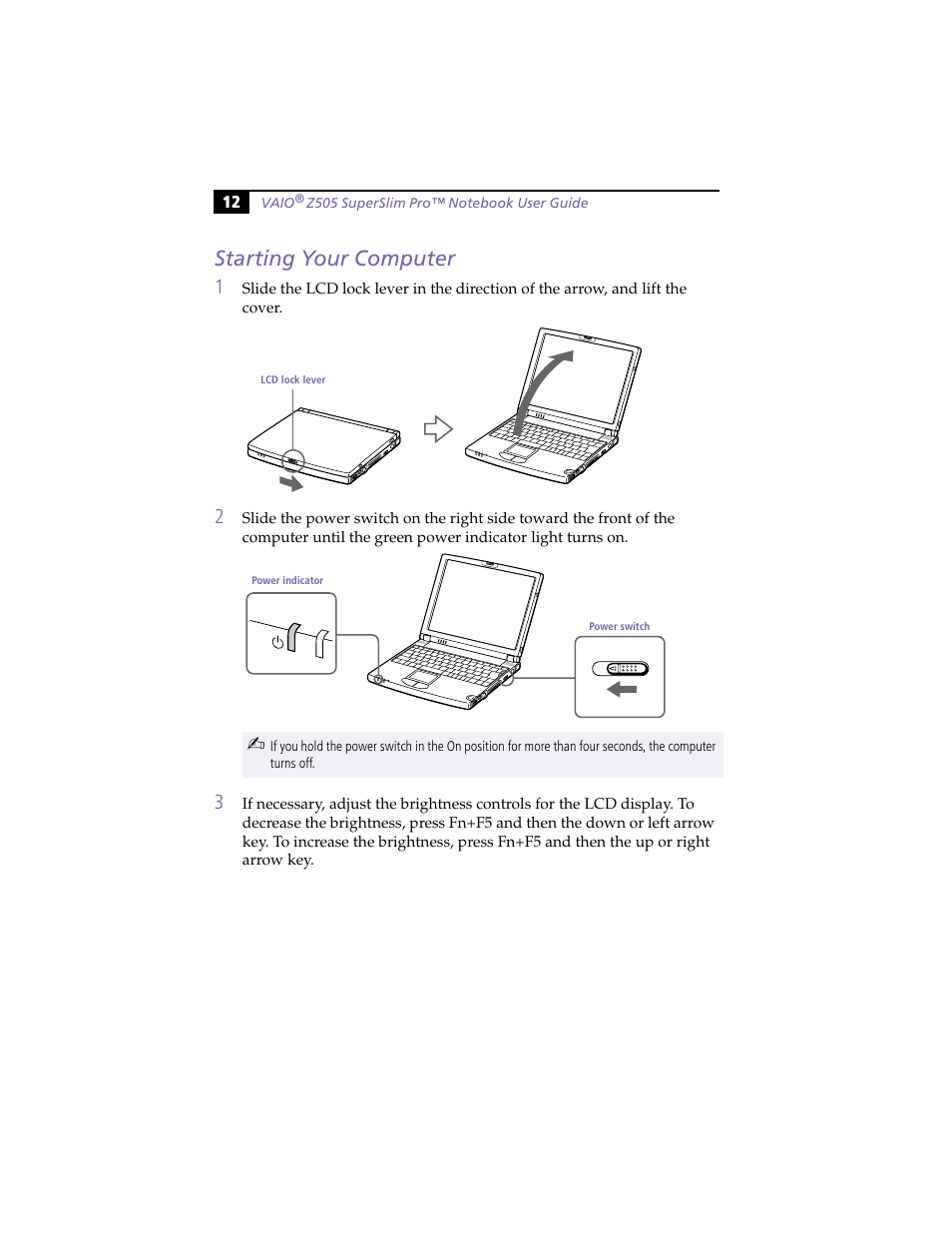 Starting your computer, S 12, 18) | Sony PCG-Z505HSK User Manual | Page 22 / 78