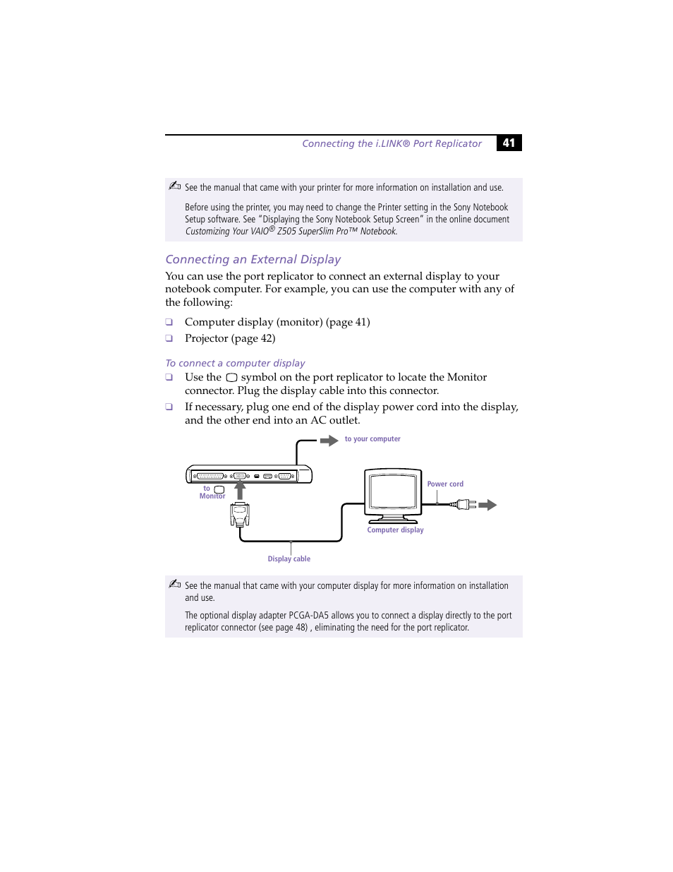 Connecting an external display | Sony PCG-Z505HSK User Manual | Page 51 / 78