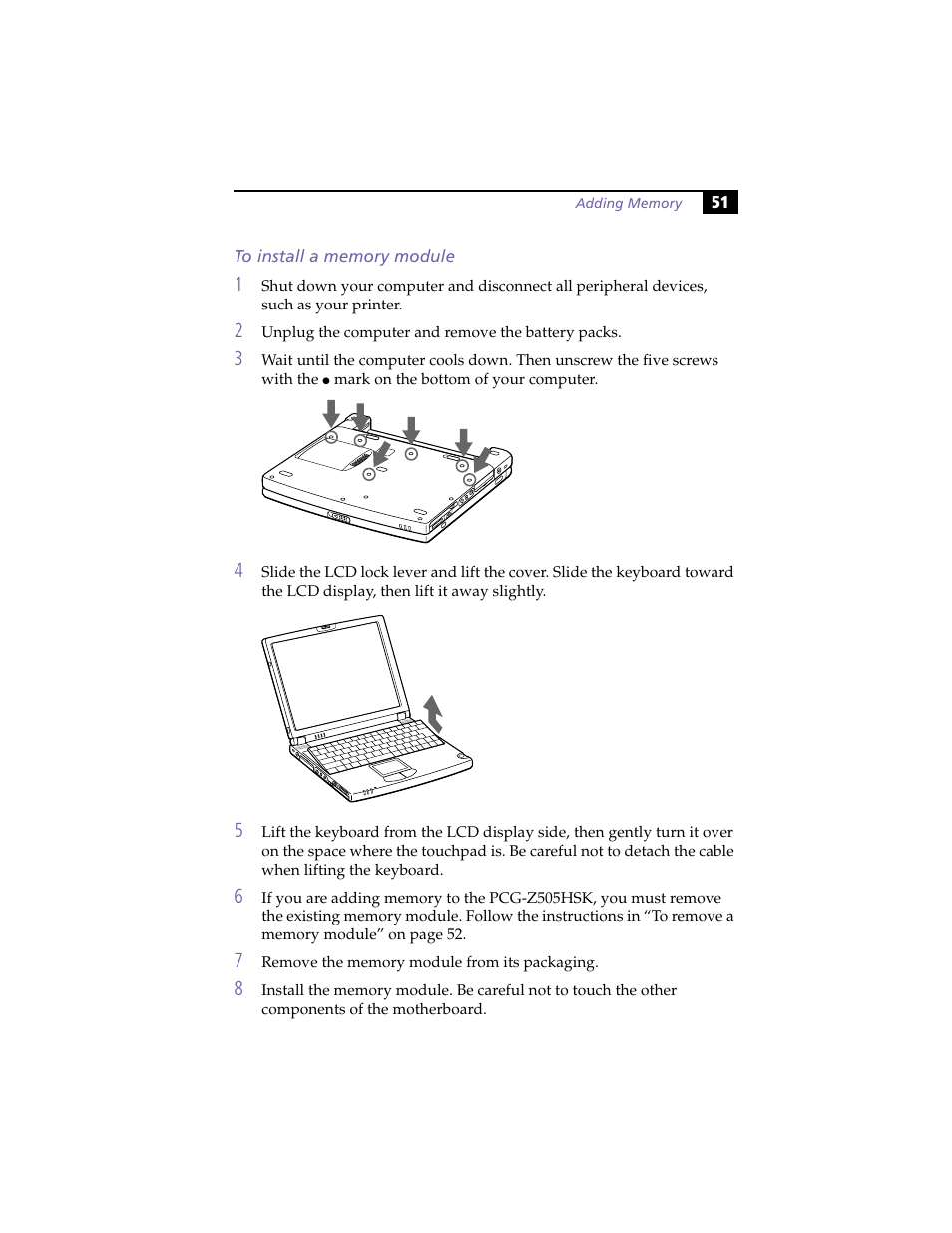 To install a memory module | Sony PCG-Z505HSK User Manual | Page 61 / 78