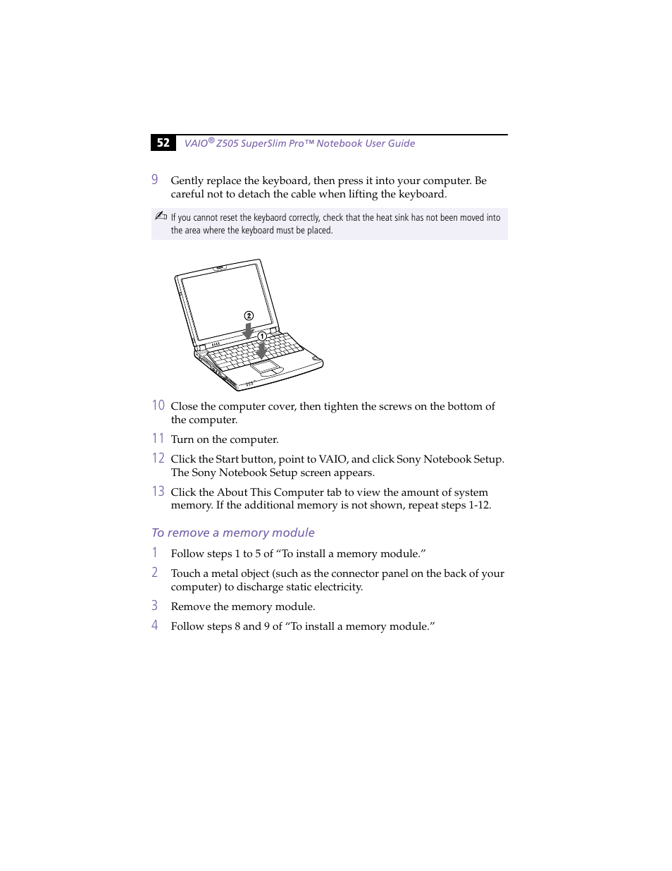 To remove a memory module | Sony PCG-Z505HSK User Manual | Page 62 / 78