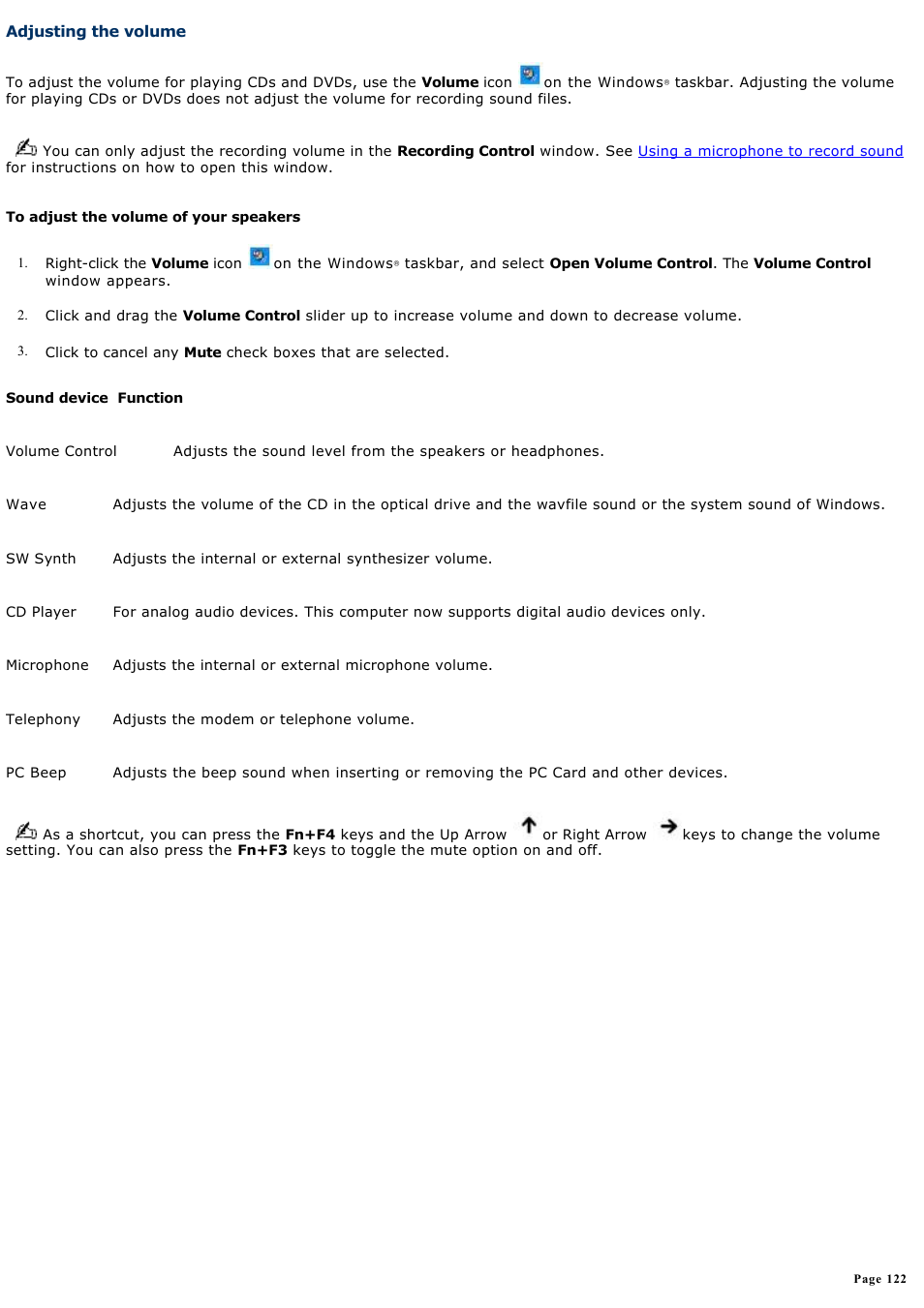 Adjusting the volume | Sony PCG-Z1RAP2 User Manual | Page 122 / 147