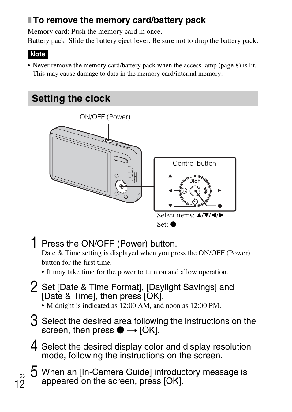 Setting the clock | Sony DSC-W570 User Manual | Page 12 / 52