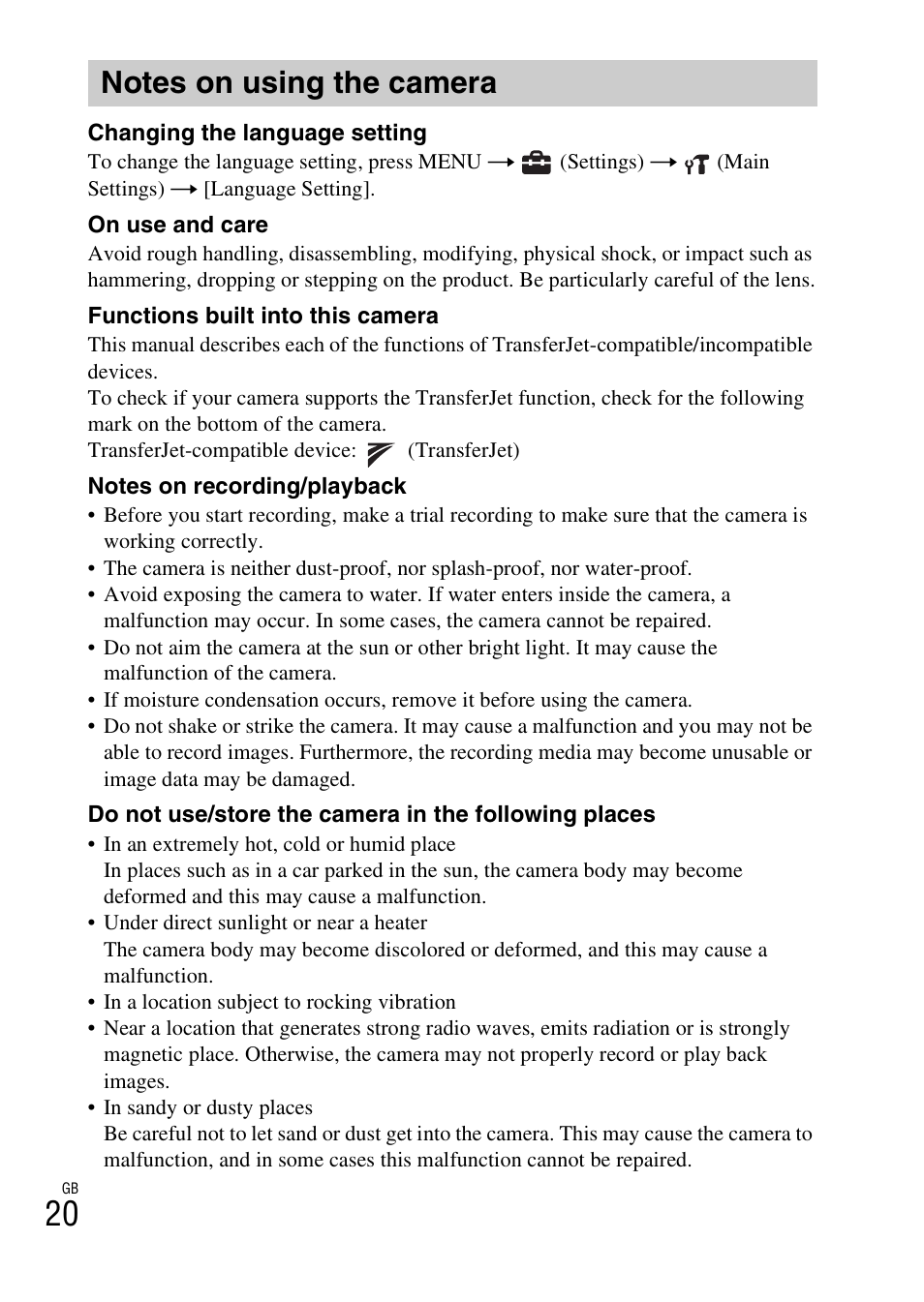 Notes on using the camera | Sony DSC-W570 User Manual | Page 20 / 52