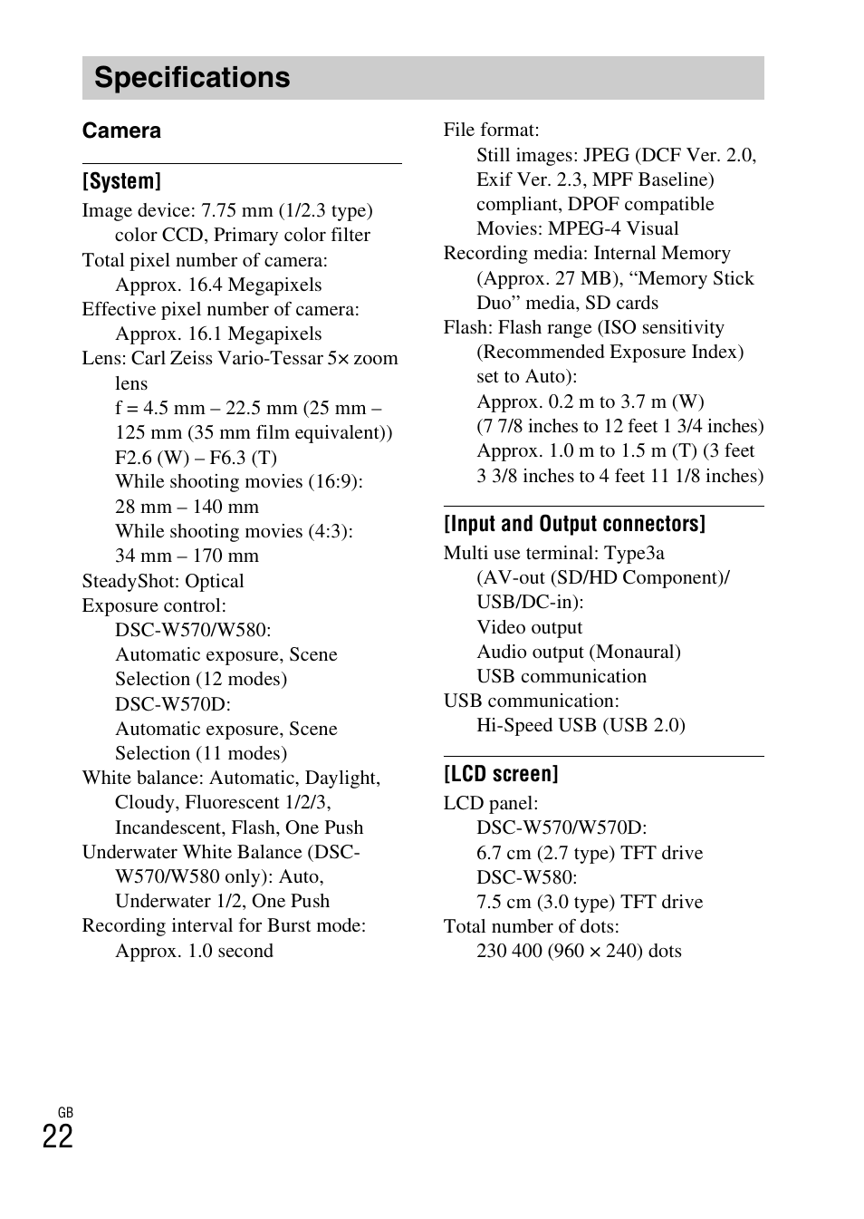 Specifications | Sony DSC-W570 User Manual | Page 22 / 52