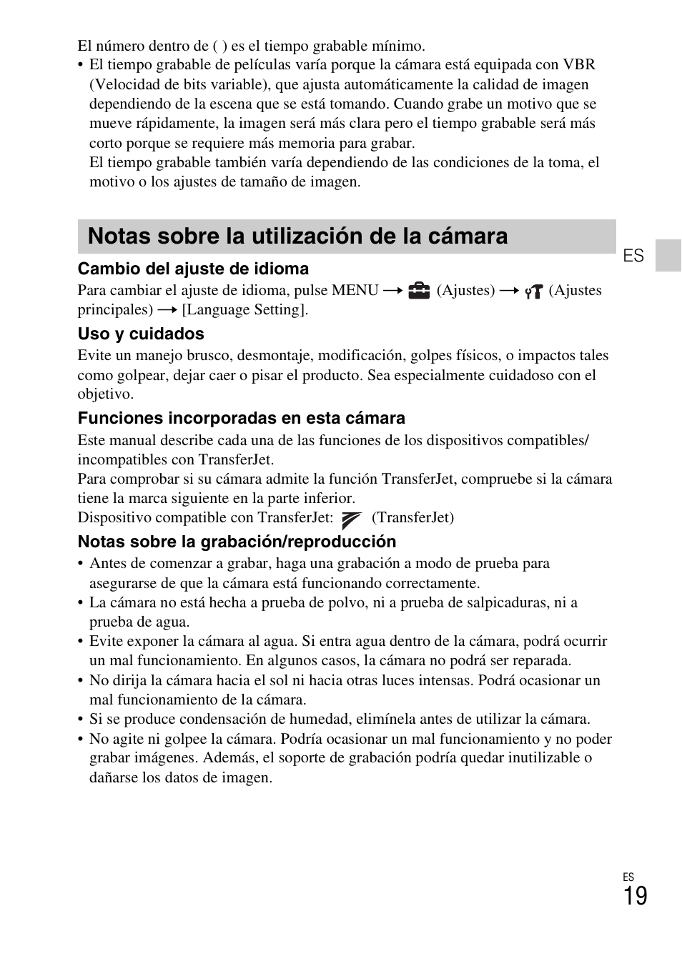 Notas sobre la utilización de la cámara | Sony DSC-W570 User Manual | Page 43 / 52