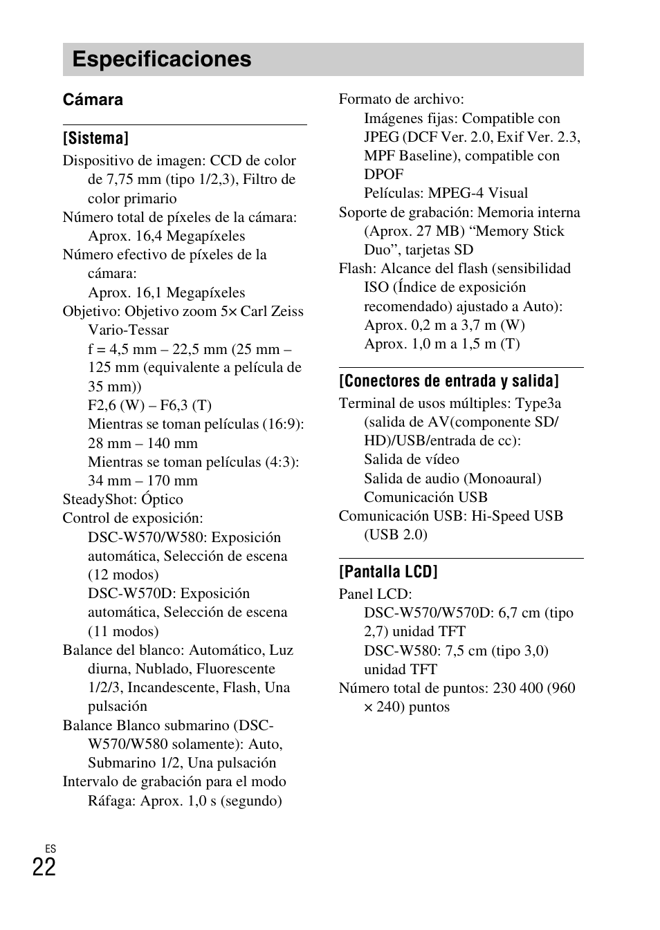 Especificaciones | Sony DSC-W570 User Manual | Page 46 / 52