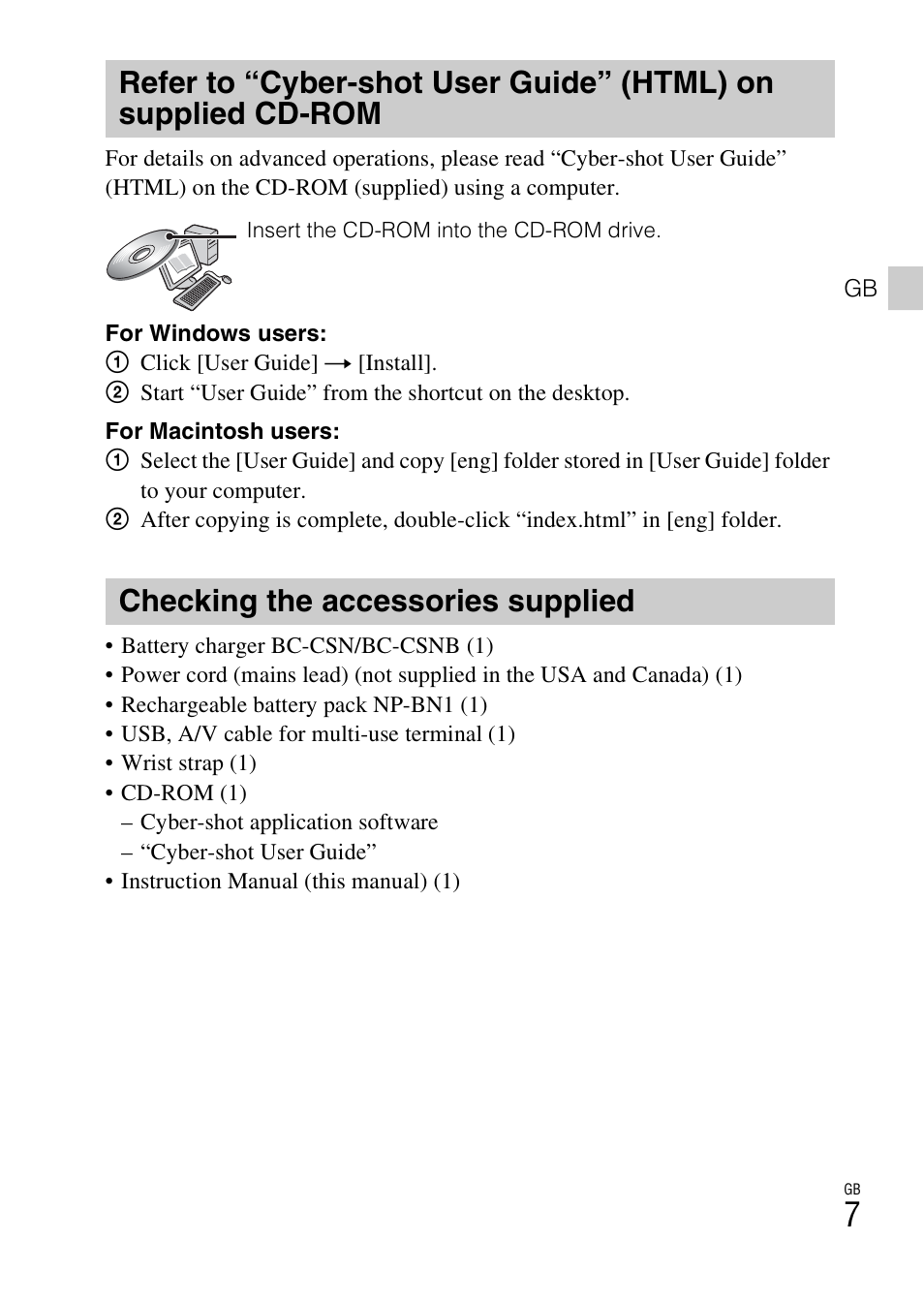 Checking the accessories supplied | Sony DSC-W570 User Manual | Page 7 / 52