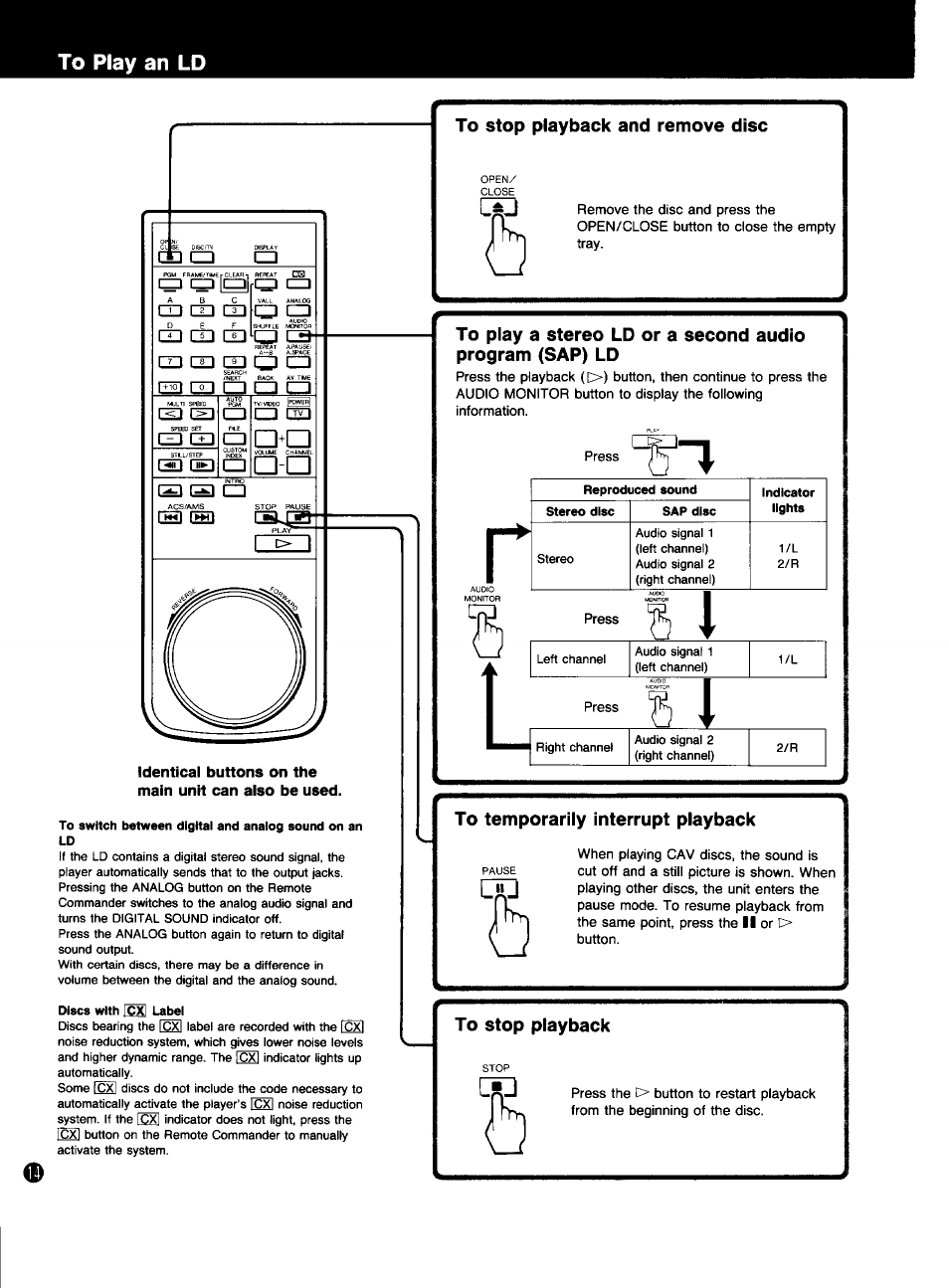 To stop playback and remove disc, To temporarily interrupt playback, To stop playback | Cb a, M m ri~i, N~i co co rri r~8~i co f“! rsn rn, O 1=1 s 3, A il3, O a q 3, E3 isd co”m | Sony MDP-333 User Manual | Page 14 / 39