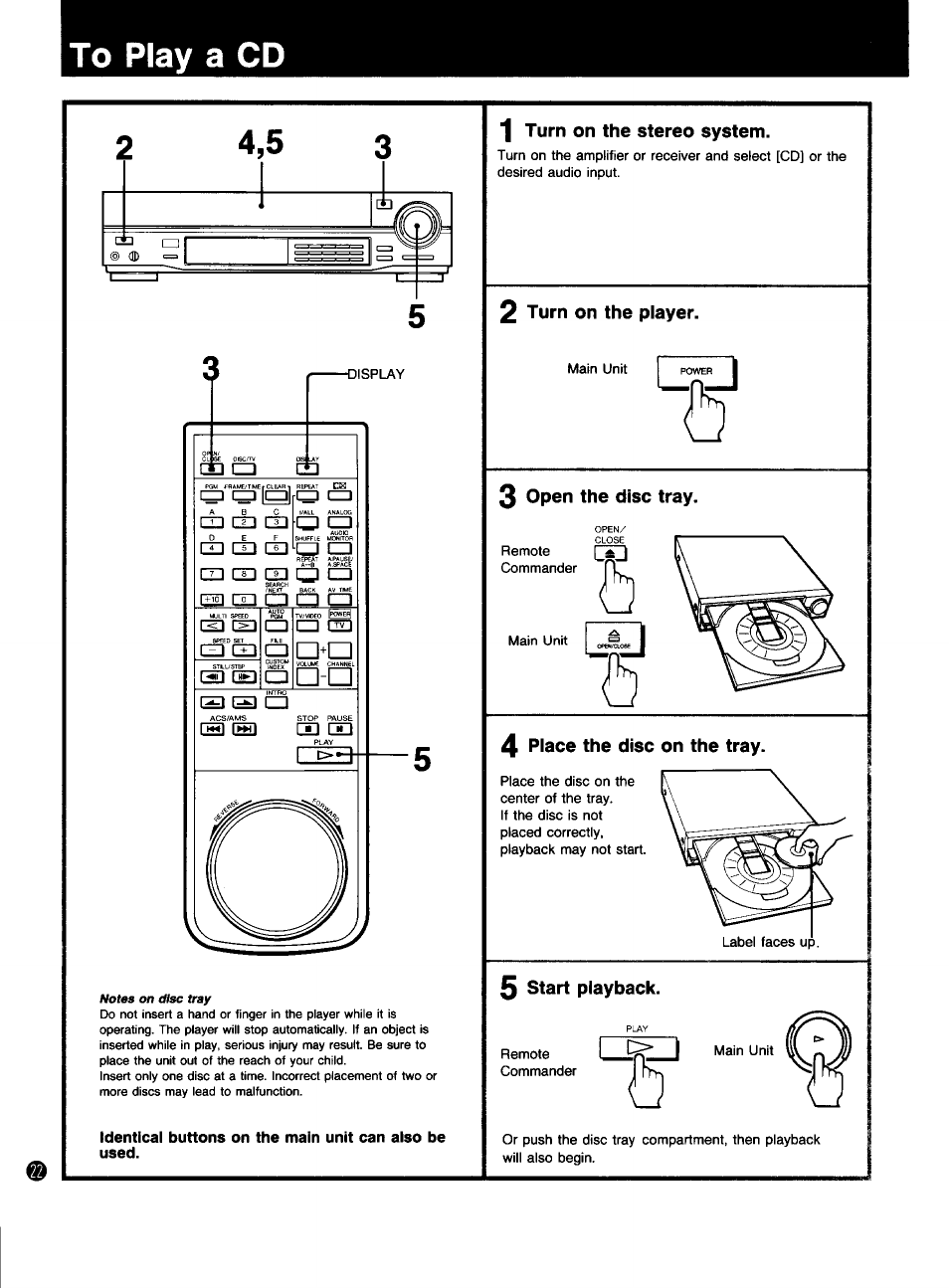 1 turn on the stereo system, 2 turn on the player, 3 open the disc tray | 4 place the disc on the tray, 3 start playback | Sony MDP-333 User Manual | Page 22 / 39