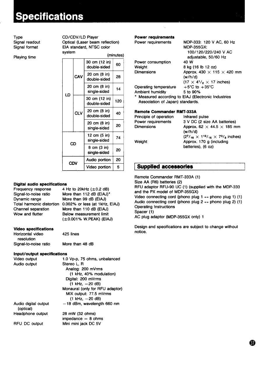 Supplied accessories, Specifications | Sony MDP-333 User Manual | Page 37 / 39