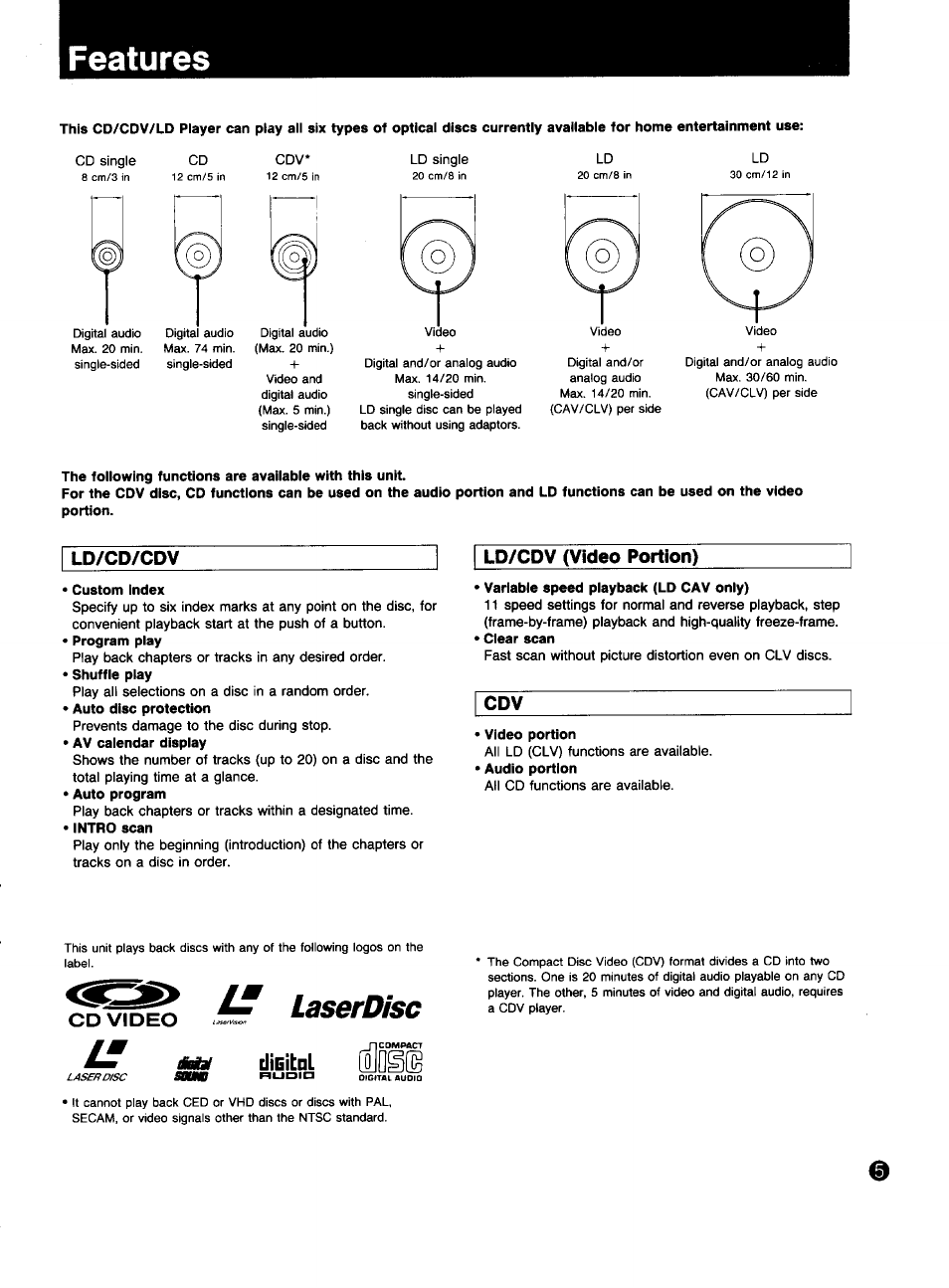 Features, Ld/cd/cdv, Ld/cdv (video portion) | Clieitnl, Laserdisc, Cd video, D u u | Sony MDP-333 User Manual | Page 5 / 39