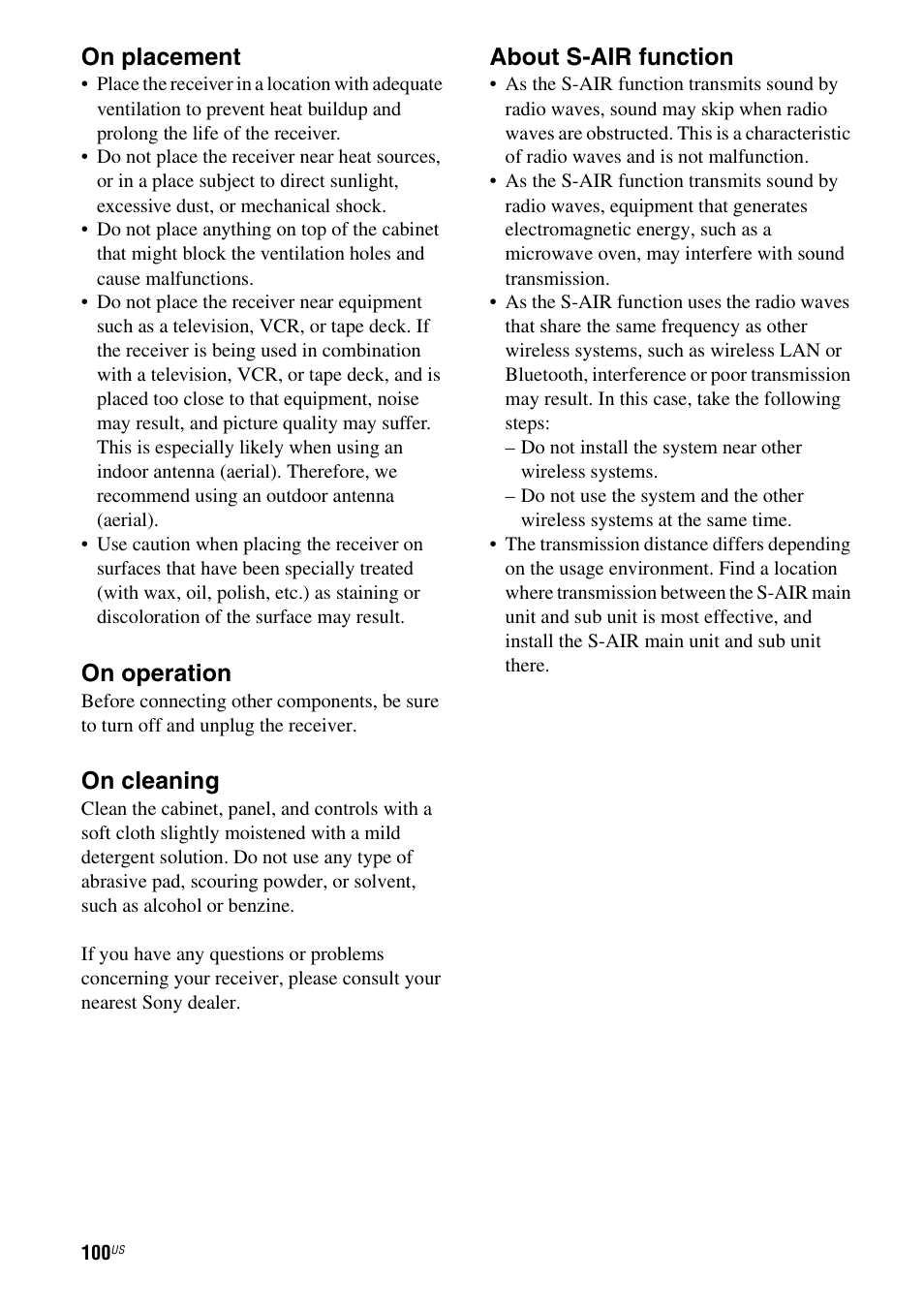 On placement, On operation, On cleaning | About s-air function | Sony STR-DH700 User Manual | Page 100 / 108