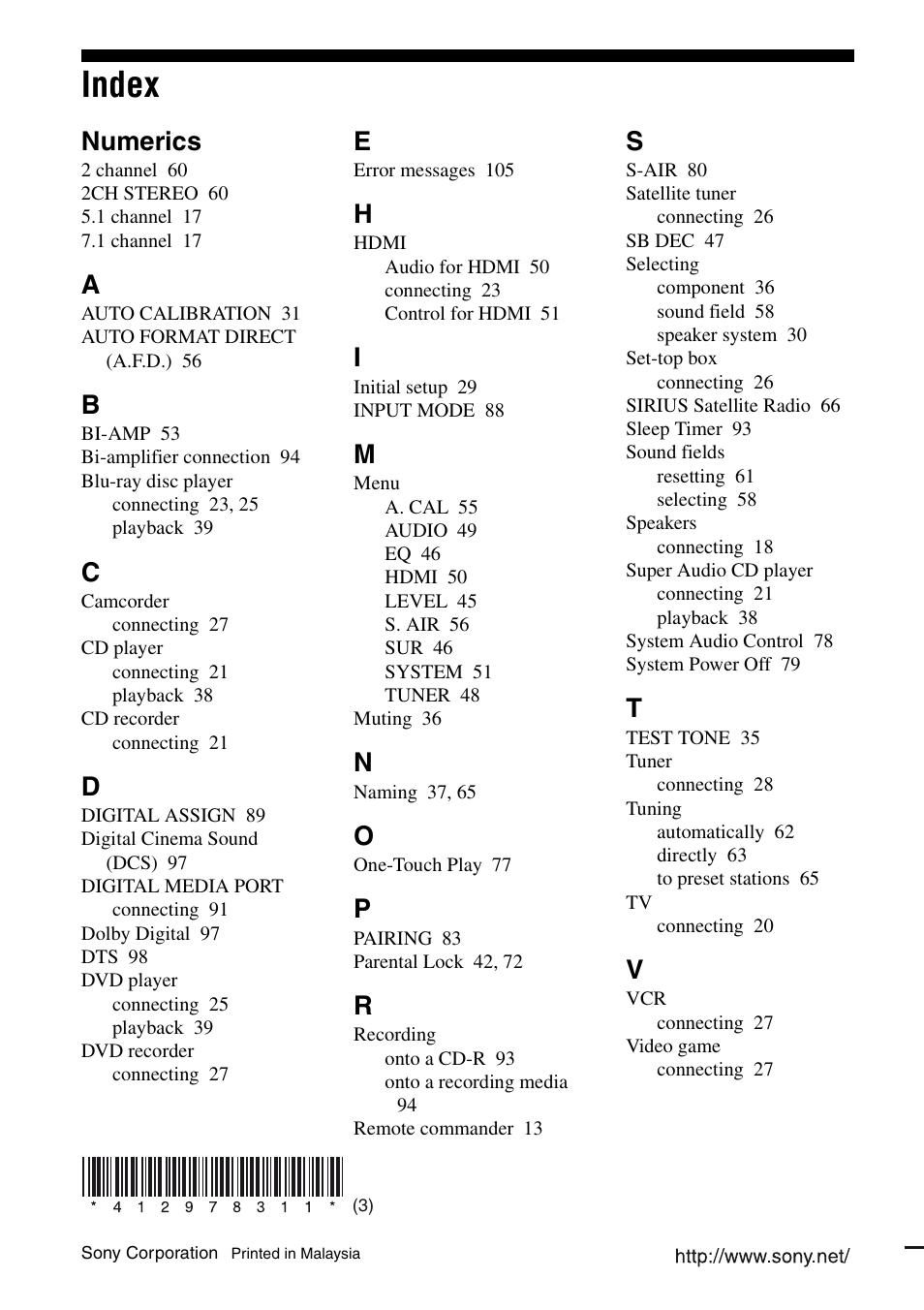 Index, Numerics | Sony STR-DH700 User Manual | Page 108 / 108