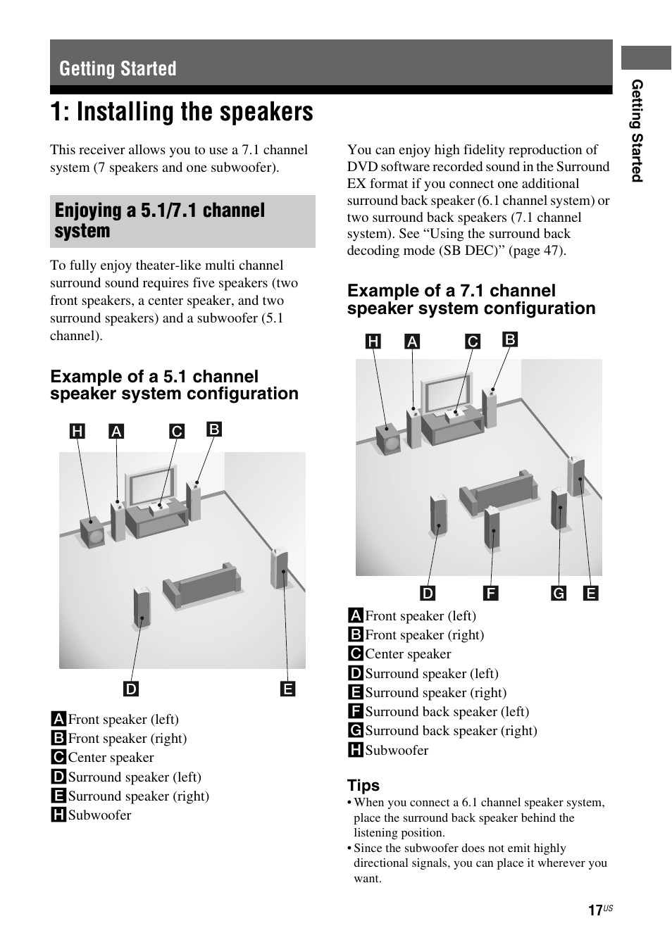 Getting started, Installing the speakers, Getting started enjoying a 5.1/7.1 channel system | Sony STR-DH700 User Manual | Page 17 / 108