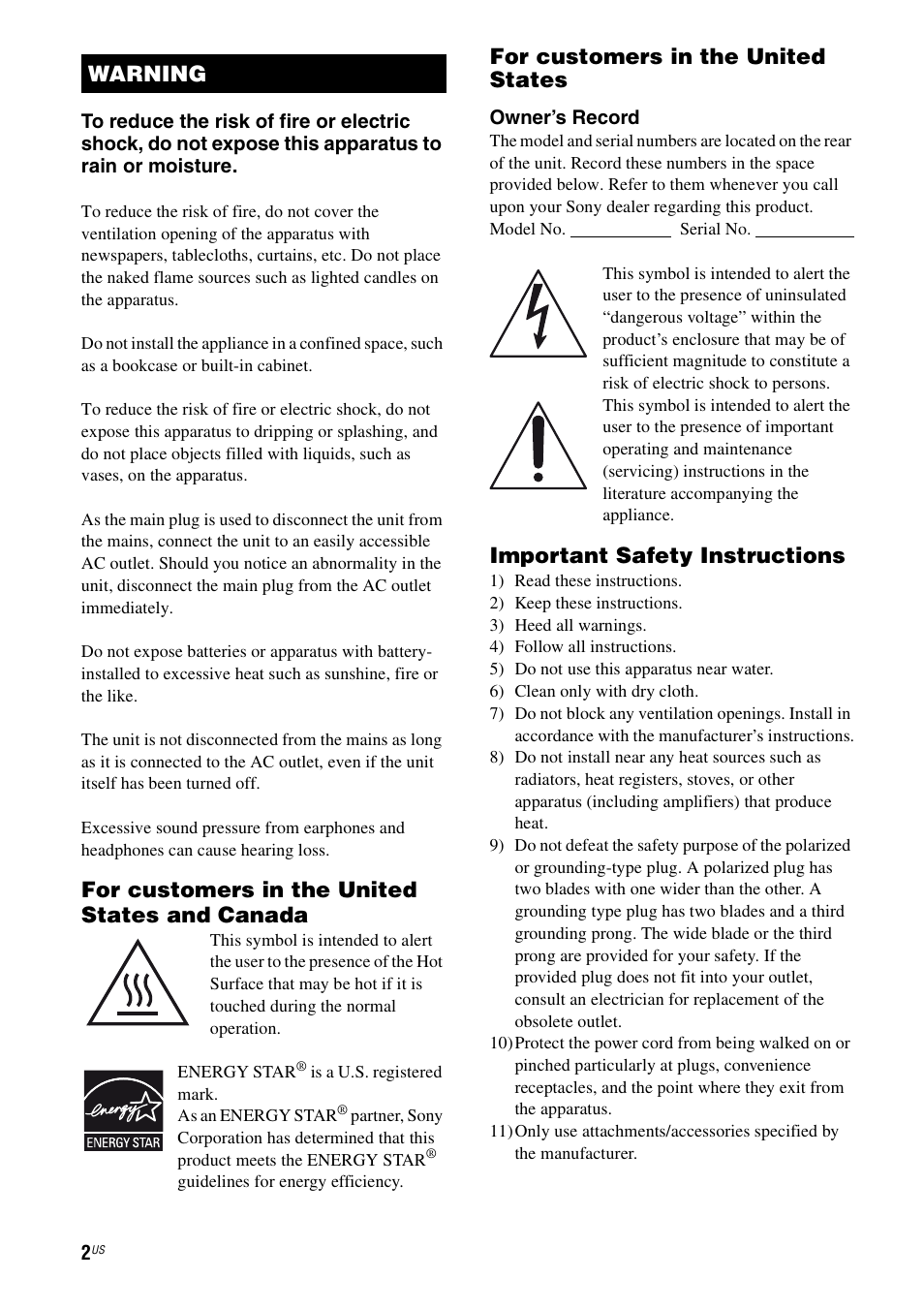 For customers in the united states and canada, For customers in the united states, Important safety instructions | Warning | Sony STR-DH700 User Manual | Page 2 / 108