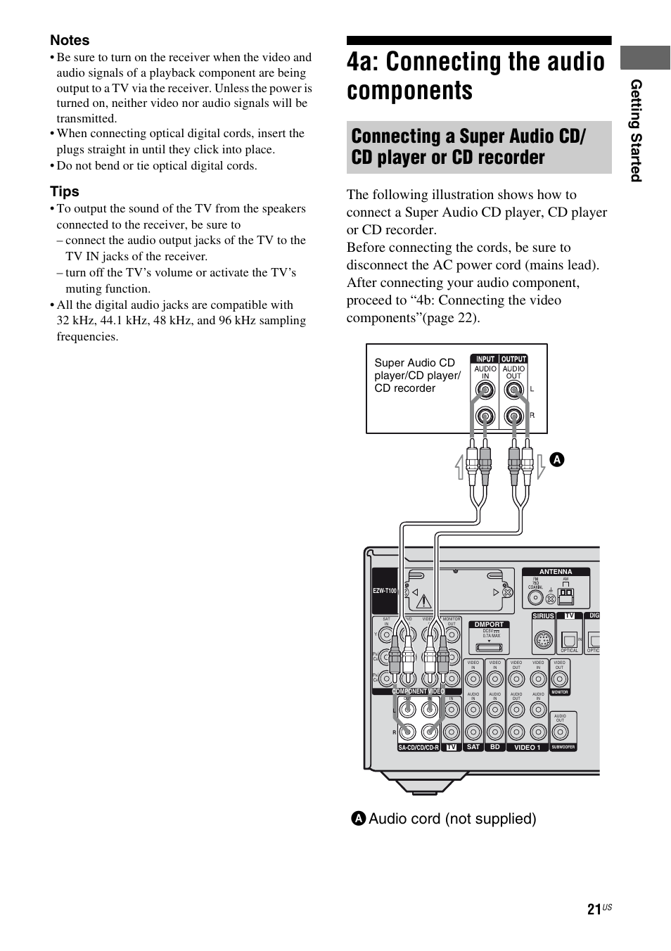 4a: connecting the audio components, Aaudio cord (not supplied), Tips | Super audio cd player/cd player/ cd recorder | Sony STR-DH700 User Manual | Page 21 / 108