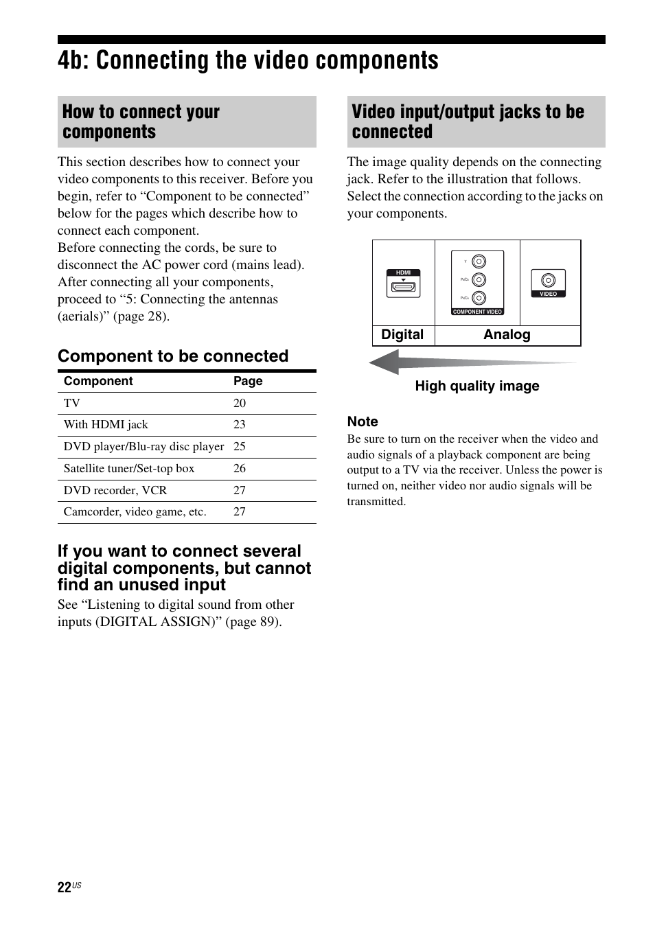 4b: connecting the video components, How to connect your components, Video input/output jacks to be connected | Digital analog high quality image | Sony STR-DH700 User Manual | Page 22 / 108