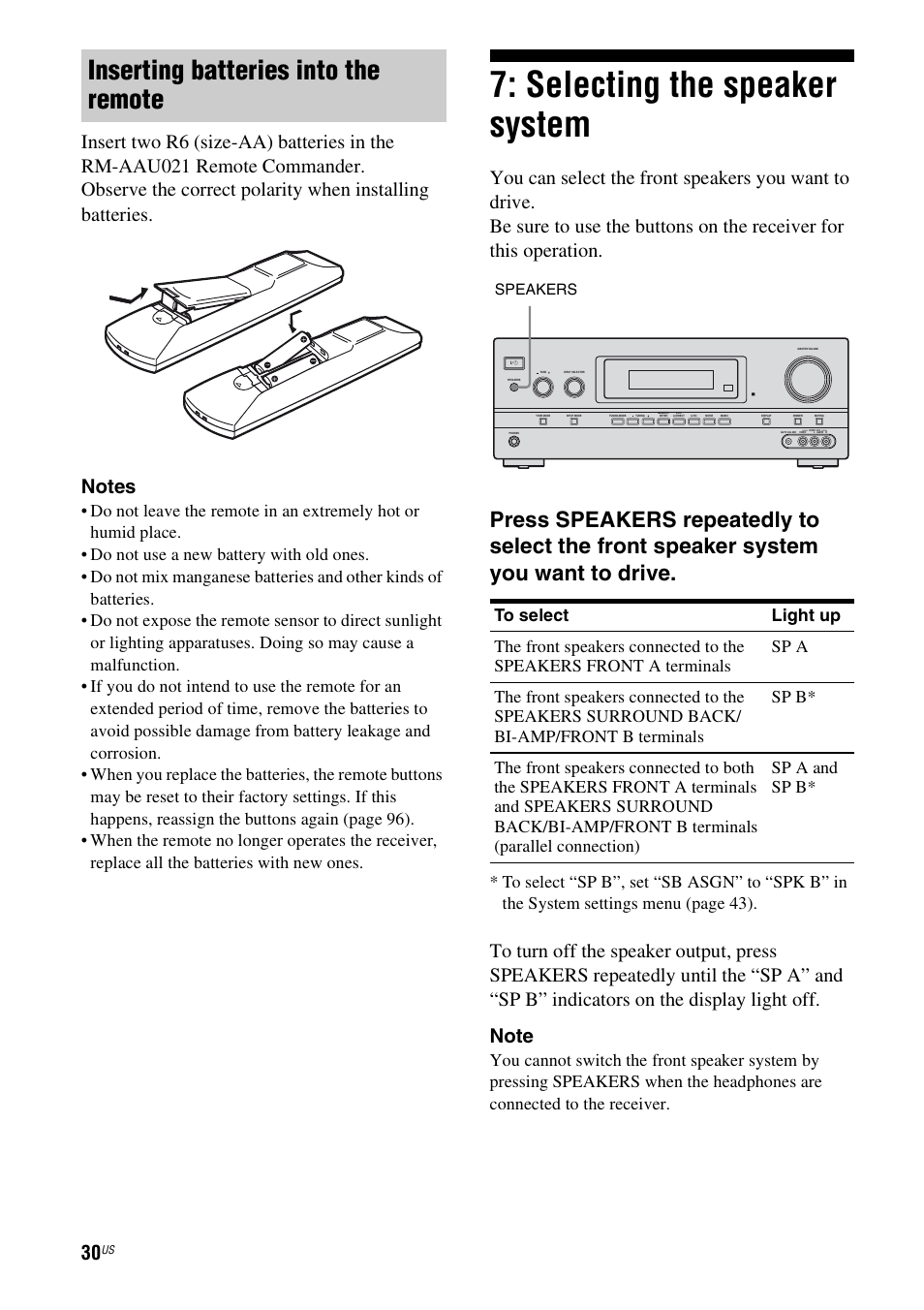 Selecting the speaker system, Inserting batteries into the remote | Sony STR-DH700 User Manual | Page 30 / 108