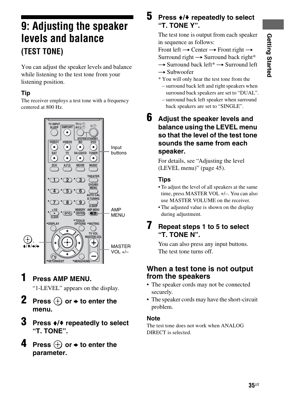 Adjusting the speaker levels and, Balance (test tone), E 35, 3 | Adjusting the speaker levels and balance, Test tone), When a test tone is not output from the speakers, Press amp menu, Press or b to enter the menu, Press v / v repeatedly to select “t. tone, Press or b to enter the parameter | Sony STR-DH700 User Manual | Page 35 / 108