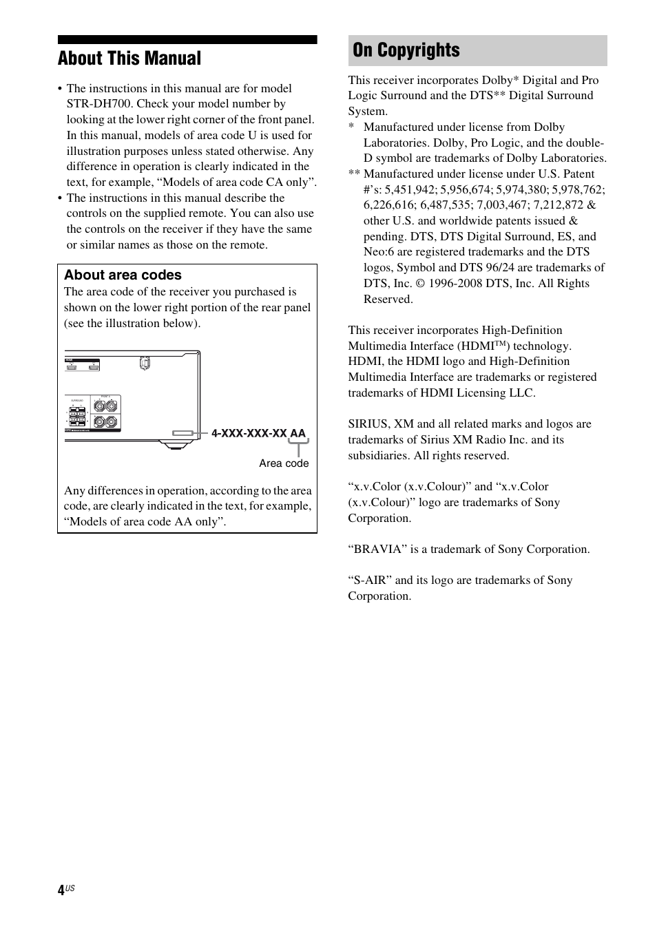 About this manual, On copyrights, About area codes | Sony STR-DH700 User Manual | Page 4 / 108