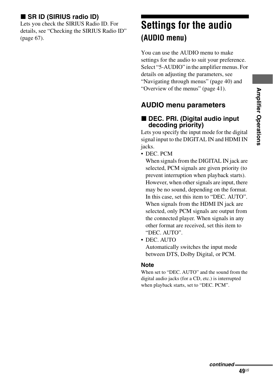 Settings for the audio (audio menu), Settings for the audio, Audio menu) | Sony STR-DH700 User Manual | Page 49 / 108
